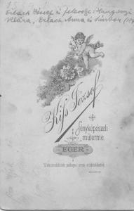 Erlach József és családja kép hátoldala, becsült kora:120 év.